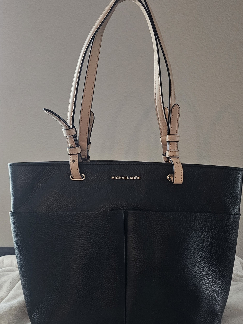 Michael Kors Black Leather Tote with Beige Straps